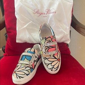 BeautifulRoger Vivier Crystal-Buckle Floral Slip-On Sneakers — Blue, Pink, Green